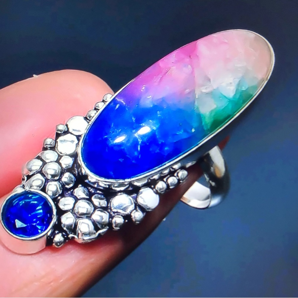 Solar Quartz Blue Topaz Stamped 925 Sterling Silver Ring
